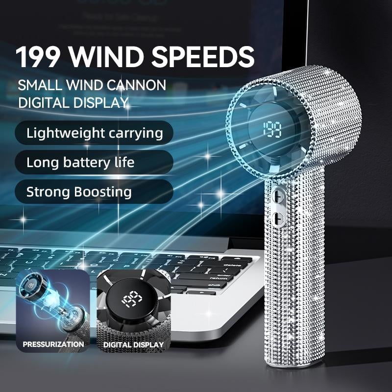 🏆Flash Sale⚡ 50K+ SOLD! Almost Gone-💥Full Diamond Luxury Craftsmanship Portable Handheld Turbo Fan, 3 Gear Wind, Rechargeable Long Battery Life Hand Fan With Digital Display For Outdoor Activities, Travel, Office,Wonmen's gift
