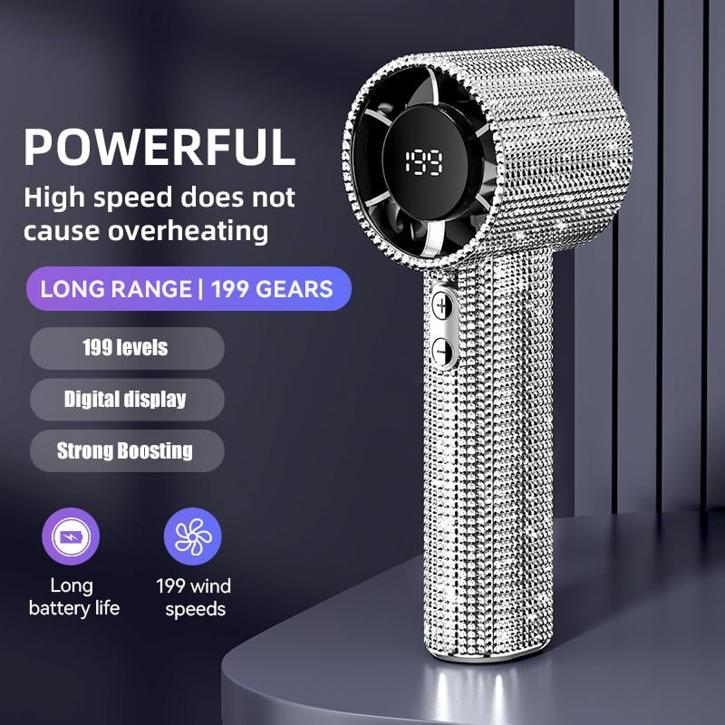 🏆Flash Sale⚡ 50K+ SOLD! Almost Gone-💥Full Diamond Luxury Craftsmanship Portable Handheld Turbo Fan, 3 Gear Wind, Rechargeable Long Battery Life Hand Fan With Digital Display For Outdoor Activities, Travel, Office,Wonmen's gift