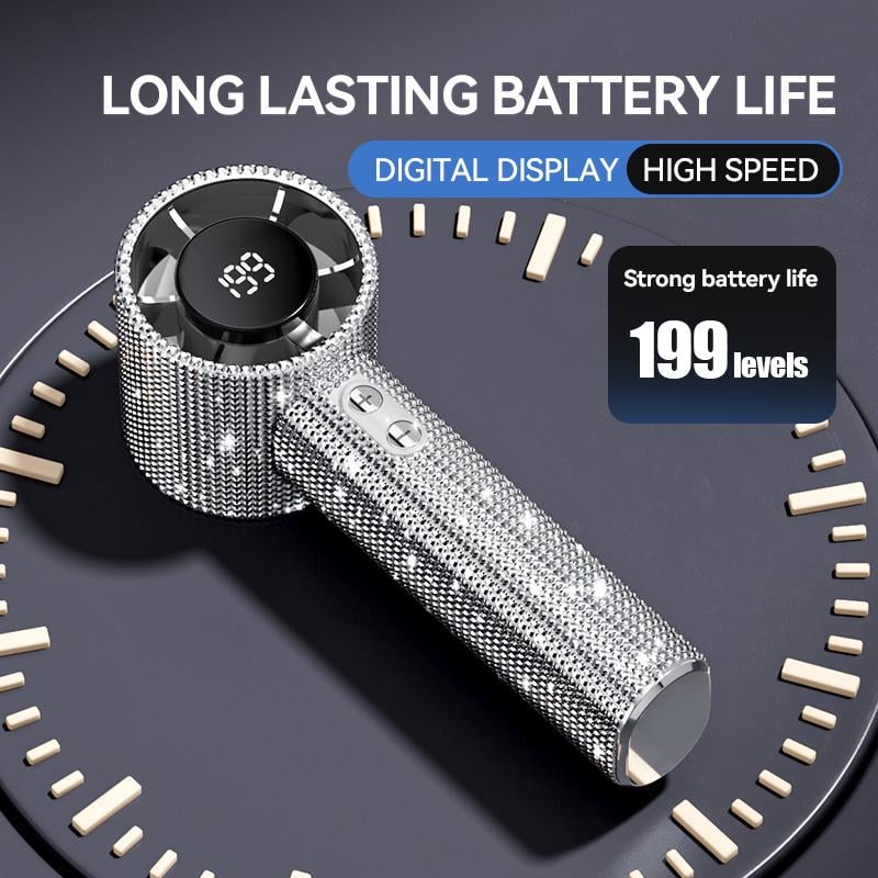 🏆Flash Sale⚡ 50K+ SOLD! Almost Gone-💥Full Diamond Luxury Craftsmanship Portable Handheld Turbo Fan, 3 Gear Wind, Rechargeable Long Battery Life Hand Fan With Digital Display For Outdoor Activities, Travel, Office,Wonmen's gift