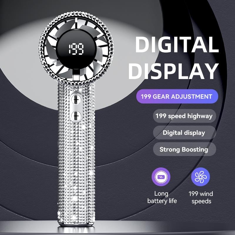 🏆Flash Sale⚡ 50K+ SOLD! Almost Gone-💥Full Diamond Luxury Craftsmanship Portable Handheld Turbo Fan, 3 Gear Wind, Rechargeable Long Battery Life Hand Fan With Digital Display For Outdoor Activities, Travel, Office,Wonmen's gift